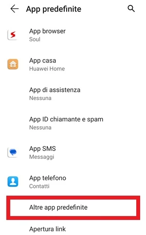 immagine con voce altre app predefinite evidenziata con un riquadro rosso