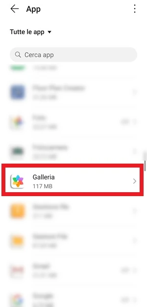 da tutte le app viene selezionata l'app galleria che qui ha un riquadro rettangolare rosso attorno