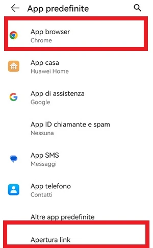 dalla schermata app predefinite sono in evidenza con una cornice rossa le voci app browser e apertura link