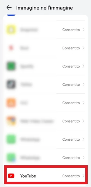 dalla pagine immagine nell'immagine delle impostazioni di android, la voce youtube è impostata su consentito