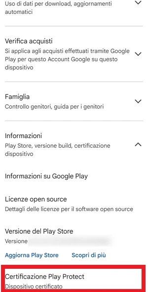 dal play store la certificazione play protect del dispositivo è certificato