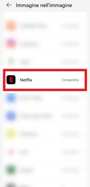 dalla schermata delle impostazioni di android chiamata immagine nell'immagine è in evidenza con una cornice rossa l'app netflix ed è impostata su consentito