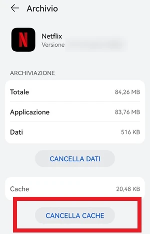 dalla pagine archivio di netflix è in evidenza il pulsante cancella cache con un riquadro rosso