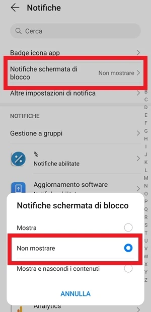 schermata delle notifiche di Android con la voce notifiche schermata di blocco e su una nuova finestra la voce non mostrare con una cornice rossa intorno