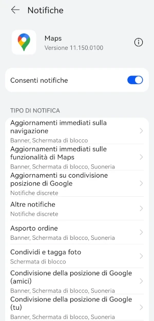 dalla schermata notifiche di maps l'interruttore di fianco a consenti notifiche va spento