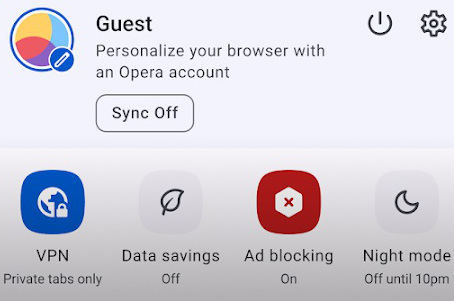 schermata di attivazione della vpn di opera browser per android