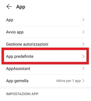 seleziona della voce app predefinite evidenziata con un riquadro rosso