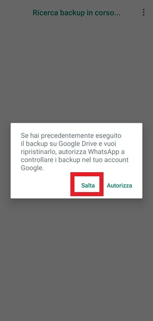 da whatsapp per la schermata ricerca backup in corso, la voce salta ha un riquadro rosso intorno