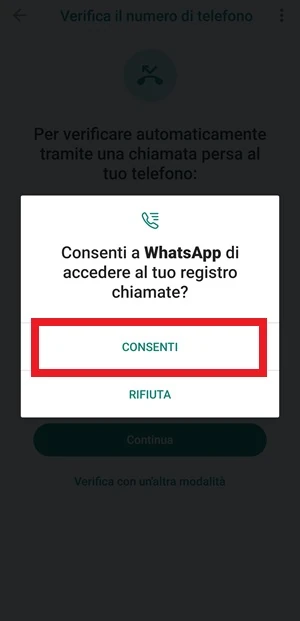 da whatsapp il pulsante consenti per accedere al registro delle chiamate ha il riquadro rosso intorno