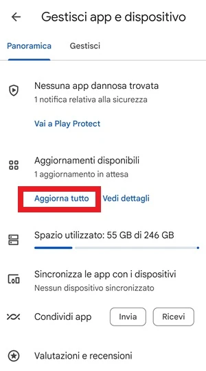 dalla sezione gestisci app e dispositivo del play store, sotto la sezione aggiornamenti disponibili la voce aggiorna tutto è incorniciata in rosso 