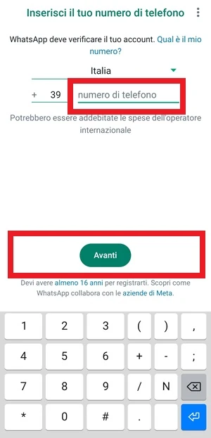 da whatsapp sono inquadrate in rosso la voce numero di telefono e il pulsante con scritto avanti