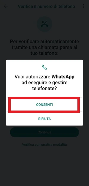 per whatsapp l'autorizzazione a eseguire e gestire telefonate ha la voce consenti evidenziata con un riquadro rosso