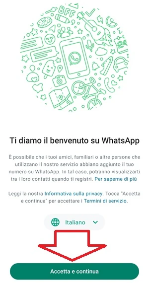 dalla schermata di benvenuto di whatsapp il pulsante accetta e continua è indicato con una freccia rossa