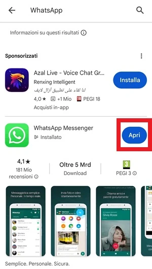 dal play store per l'app whatsapp il pulsante apri ha una cornice rossa intorno