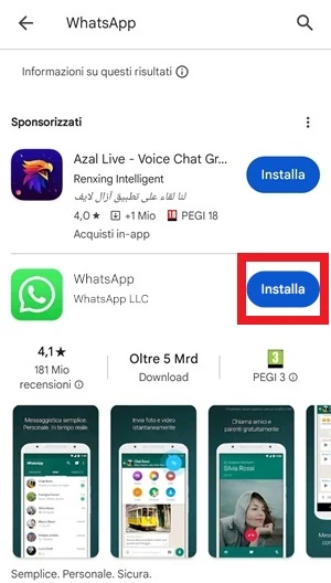 dal play store l'app whatsapp ha il pulsante installa di colore blu incorniciato con una cornice di colore rosso