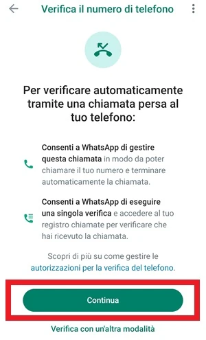 schermata di whatsapp per la verifica del numero di telefono con il pulsante continua evidenziato con una cornice rossa