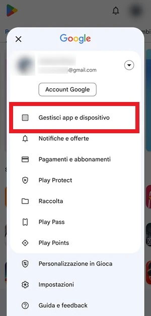 la voce gestisci app e dispositivo è evidenziata in rosso nel play store