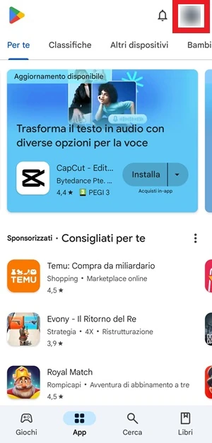 dal google play store in alto a destra c'è l'icona con la foto profilo che è evidenziata con una cornice rossa di forma quadrata