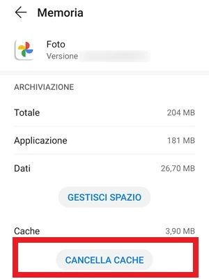da memoria il pulsante cancella cache è evidenziato con un riquadro rosso