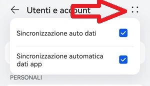 da utenti e account l'icona con i 4 punti è indicata con una freccia rossa. Le voci sincronizza auto dati e sincronizzazione automatica dati app hanno il segno di spunta di fianco destro