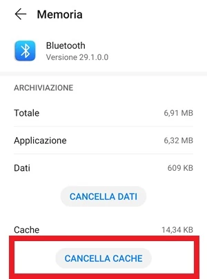 pulsante cancella cache del bluetooth che è incorniciato in rosso