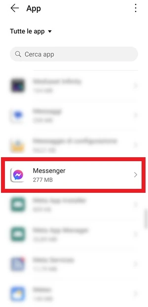 applicazione messenger selezionata con un riquadro rosso intorno per distinguerla meglio dalle altre applicazioni in elenco