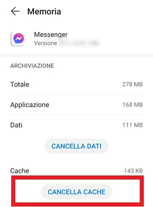 il pulsante cancella cache di messenger ha una cornice rossa intorno