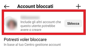 da account bloccati di instagram si vede il nome del contatto da sbloccare con il pulsante sblocca