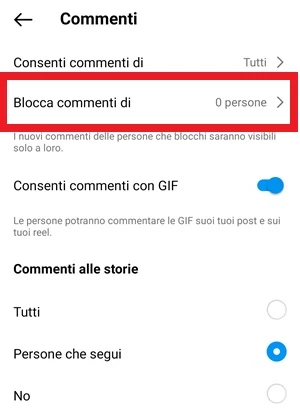 blocca commenti di è evidenziata con un rettangolo con i bordi rossi tutto attorno