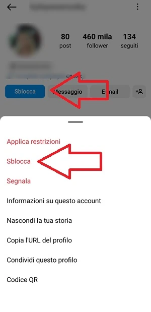 freccia che indica su un profilo instagram la scritta sblocca