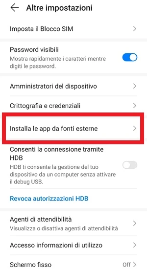 immagine installa altre app da fonti sconosciute app non installata