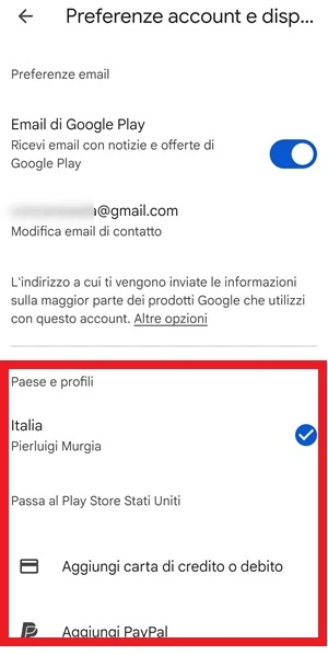 evidenziati con un riquadro rosso sono le voci paese e profili come nome e cognome e i metodi di pagamento selezionabili