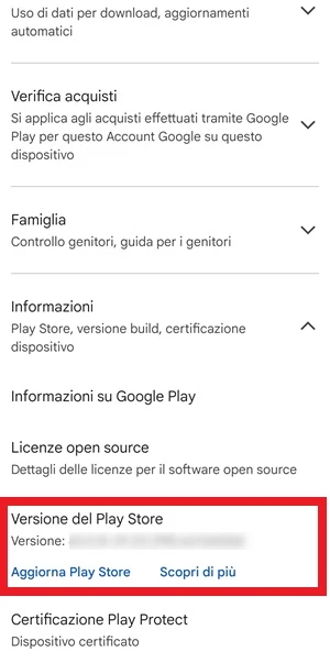 dalle impostazioni del play store, un riquadro rosso evidenzia la voce versione del play store