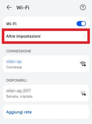 dalla pagina wi-fi delle impostazioni del telefono, la voce altre impostazioni è evidenziata con una cornice rettangolare rossa