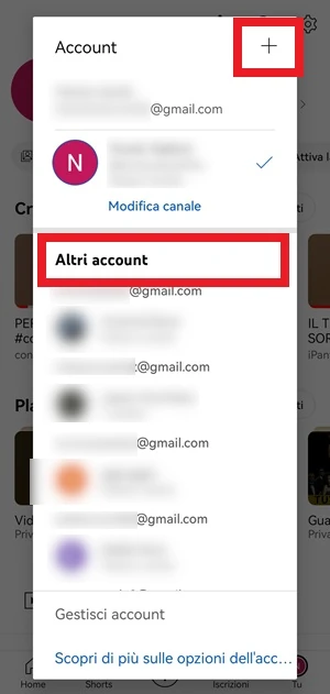 pagina di cambio account di YouTube per Android dove sono inquadrate l'icona con il + e la voce altri account