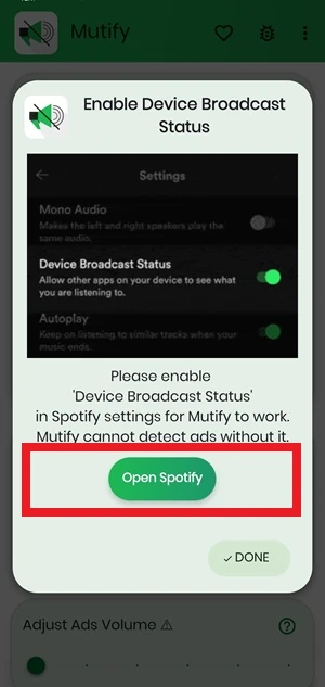 da mutify è evidenziato con un riquadro rosso il pulsante open spotify