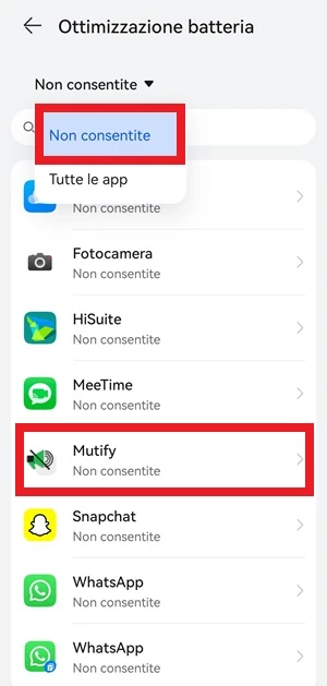 dalla schermata ottimizzazione batteria sono evidenziate con una cornice rossa le voci non consentite e mutify