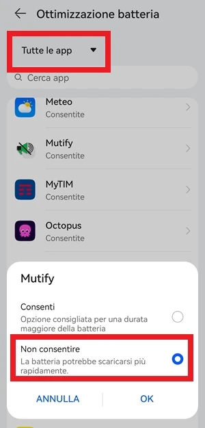 da ottimizzazione batteria di huwei è evidenziata con una cornice rossa la voce tutte le app e non consentire per Mutify