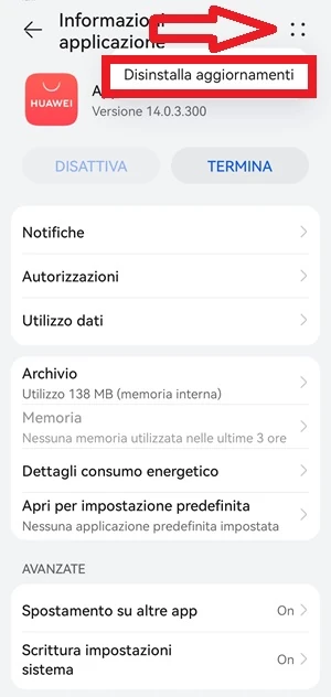 da informazioni applicazione di appgallery una freccia indica l'icona con 4 punti disposti a formare un quadrato e una cornice rossa è intorno alla voce disinstalla aggiornamenti