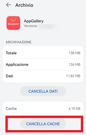 dalla sezione archivio di appgallery il pulsante cancella cache è evidenziato in rosso