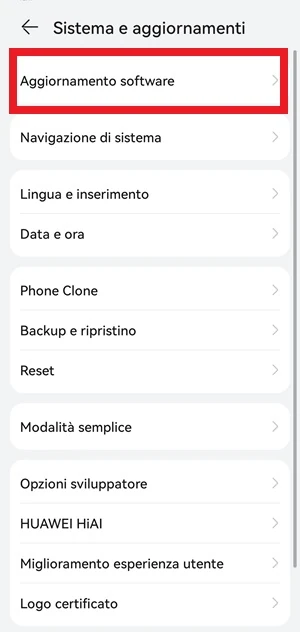 dalle impostazioni sistema e aggiornamenti la voce aggiornamenti software è in evidenza con un riquadro rosso