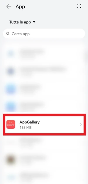 dalla pagina app nella sezione tutte le app è inquadrata in rosso l'appgallery per distinguerla nell'elenco 