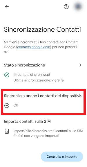 da sincronizzazione contatti di google la voce sincronizza anche i contatti del dispositivo è evidenziata con una cornice rossa intorno