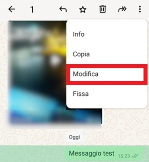 nella chat di whatsapp si vede l'icona menu con i tre punti in verticale che mostra dopo premuto una finestra con la voce modifica evidenziata 