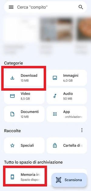 dall'app files di google le voci download e memoria interna sono evidenziate con un riquadro rosso 