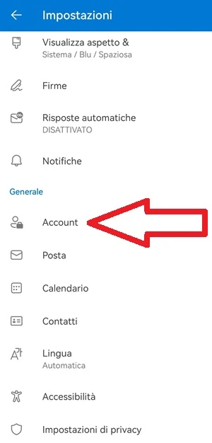 dalle impostazioni dell'app microsoft outlook è indicata con una freccia rossa la voce Account