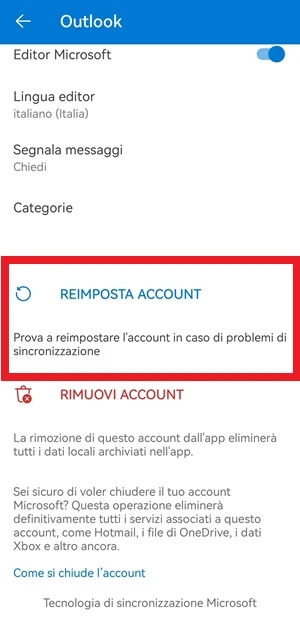 dall'app outlook è evidenziata con un riquadro rosso la voce Reimposta account