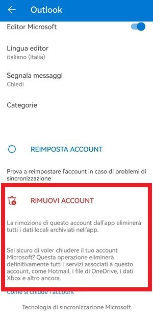 dall'app outlook è evidenziata con un riquadro rosso la voce rimuovi account 