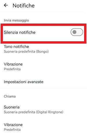 da whatsapp la voce silenzia notifiche ha l'interruttore spento e intorno ha una cornice rossa per essere in risalto