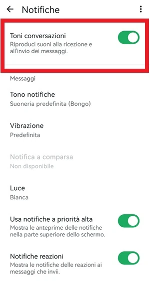 da whatsapp l'interruttore di fianco a toni conversazioni è acceso, inoltre la voce ha una cornice rossa intorno